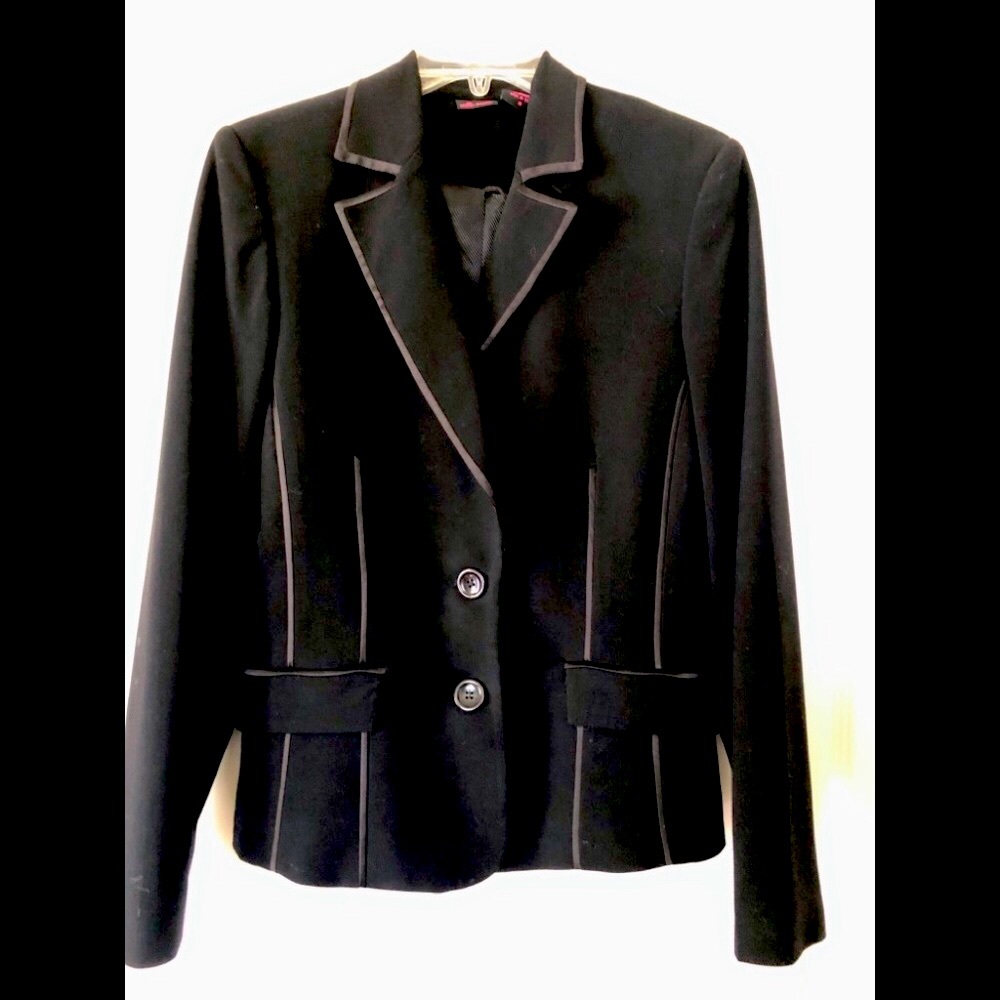 Black tailored dress jacket with satin trim. Size 8